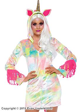 Unicorn (woman), costume dress, fringes, front zipper, ears, horn